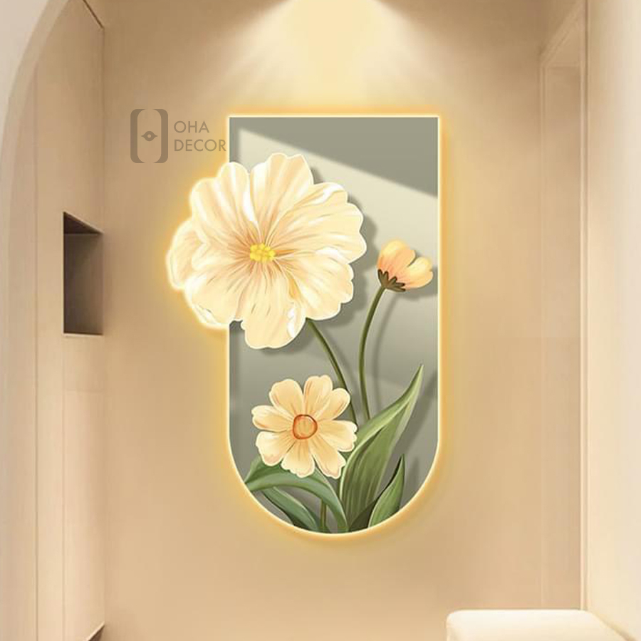 tranh tráng gương 3D LED hoa lá