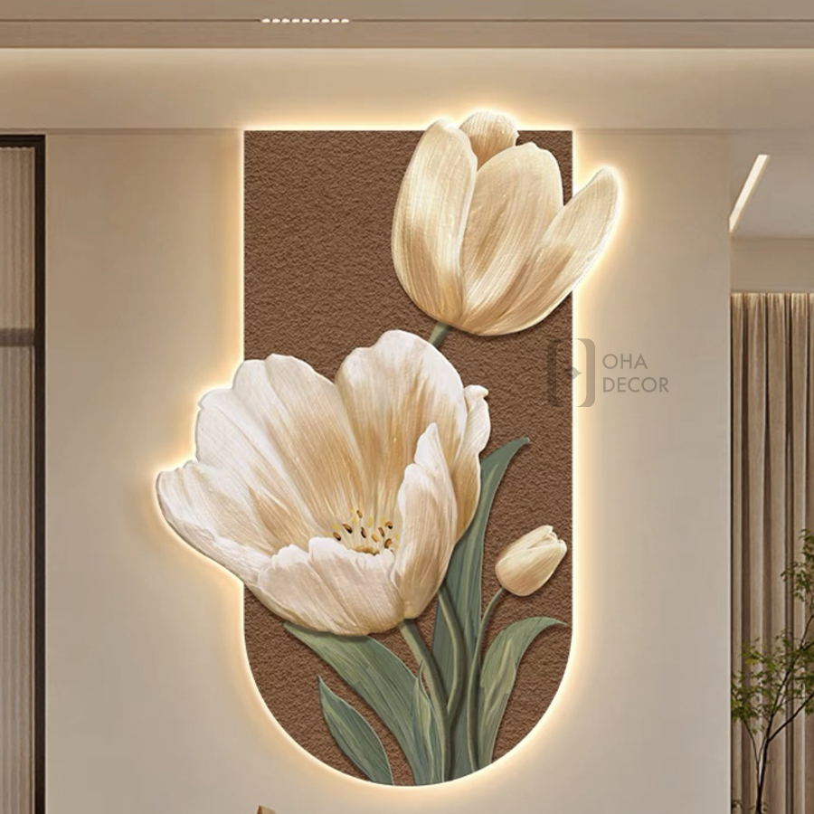 tranh đèn led hoa tulip trang trí tiệm nail 