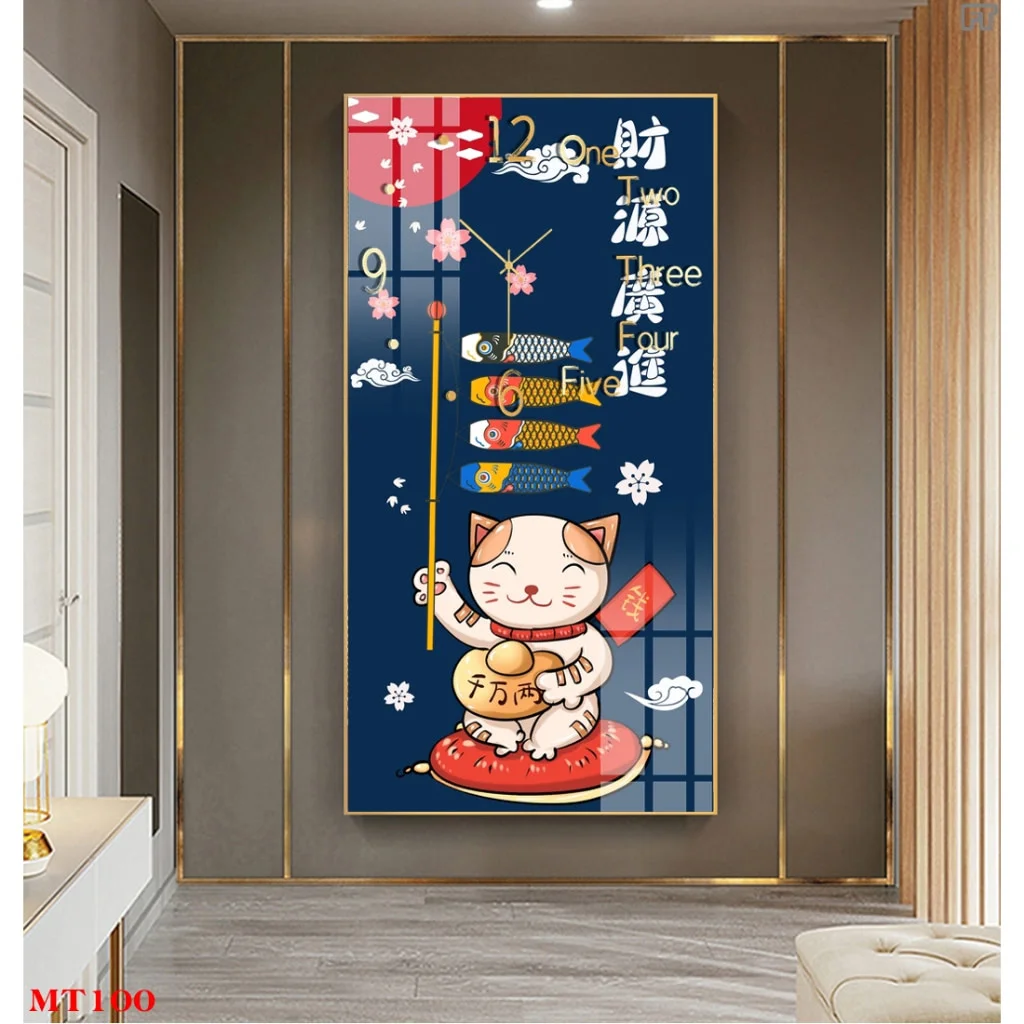 SKU 0202 5 2 - Tranh Treo Tường Đồng Hồ Mèo May Mắn