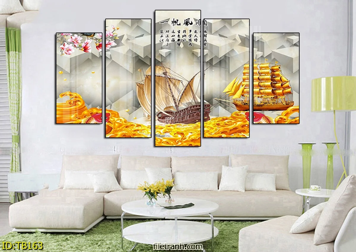 TB163-2.jpg TB163 2 - Tranh tráng gương Phong thủy Thuận buồm xuôi gió bộ 5 bức