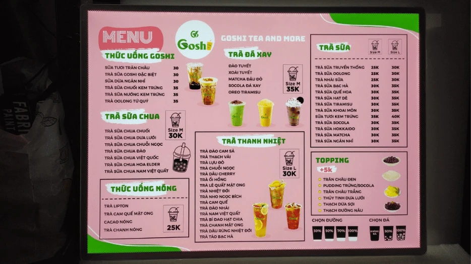 Menu tranh điện cho quán trà sữa tại quận Hải Châu