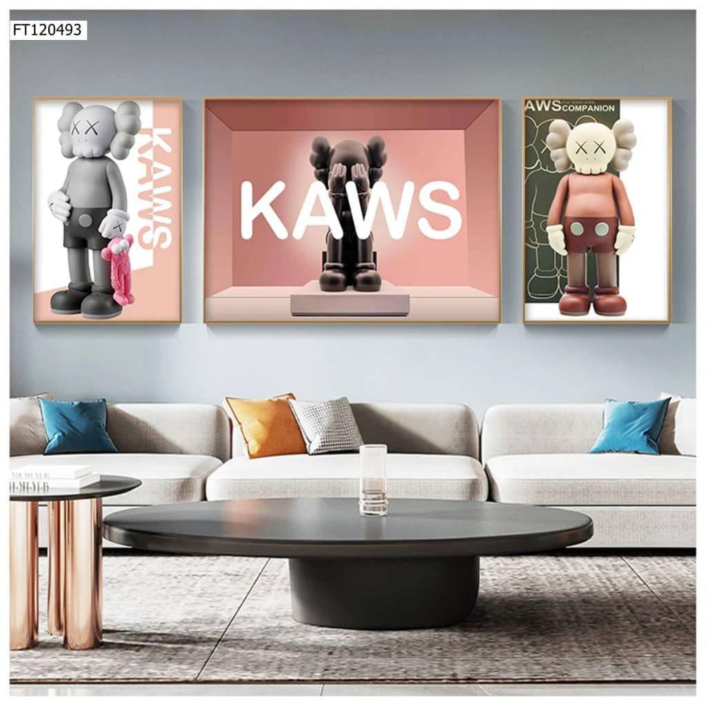 Bộ 3 Tranh Treo Tường Gấu Kaws Bearbrick Tráng Gương Cao Cấp, Hiện Đại