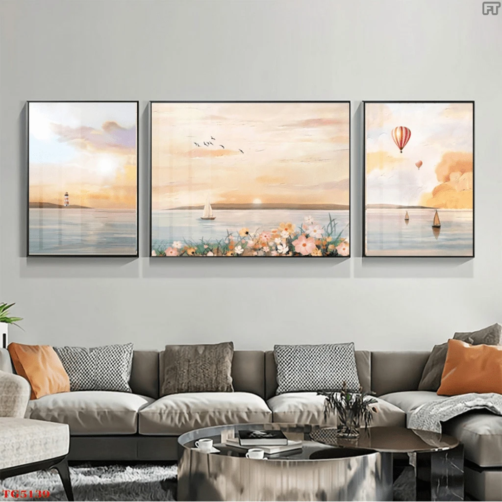 Bộ 3 Tranh Treo Tường Tráng Gương Cao Cấp Phong Cảnh Và Hoa