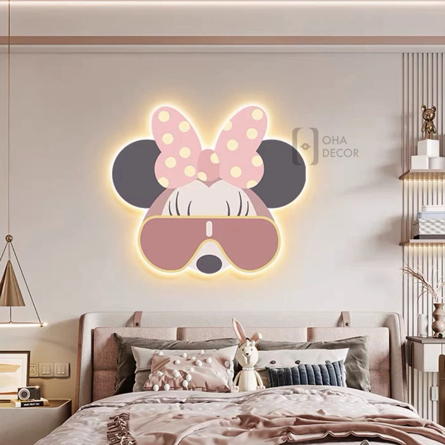Tranh 3D LED Cắt Chuột Mickey Minnie Màu Hồng
