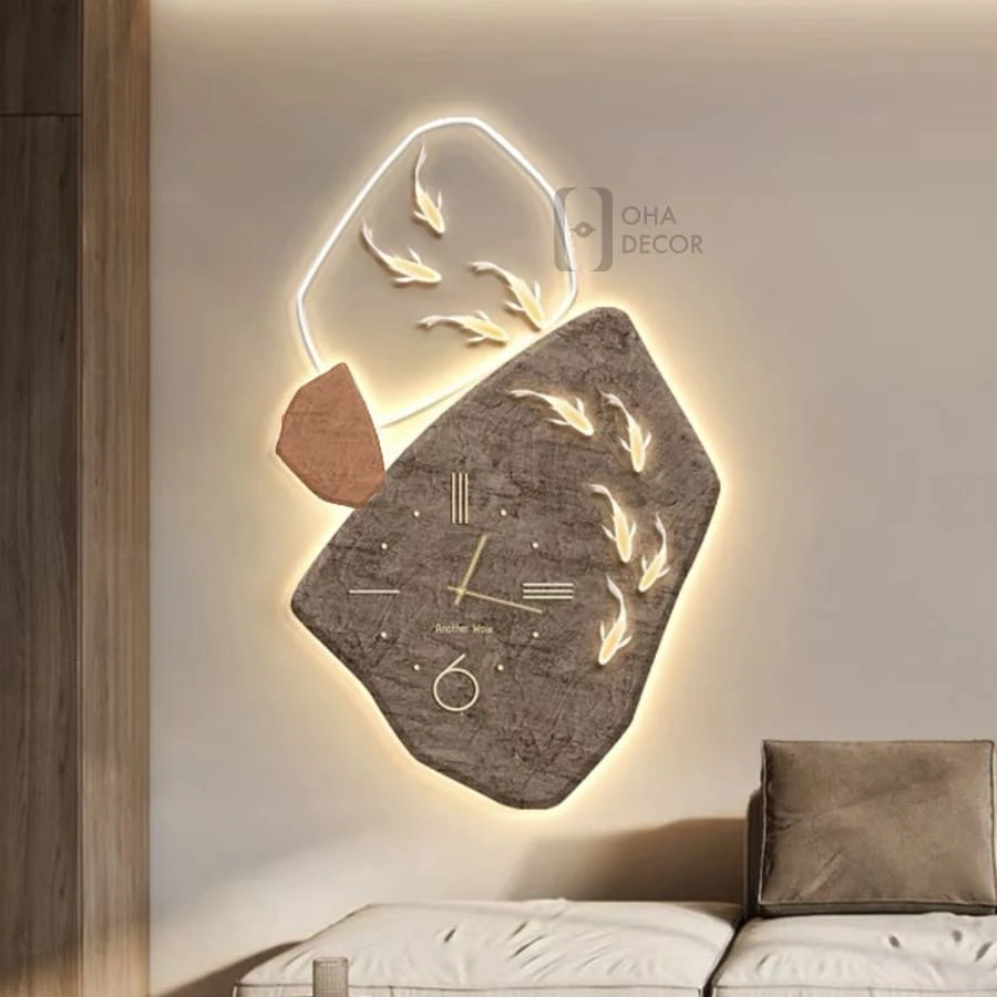 Tranh 3D LED Đồng Hồ Cửu Ngư Cá Chép Trang Trí Phòng Khách Quán Cà Phê
