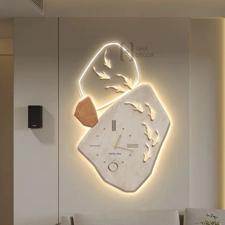 Tranh 3D LED Đồng Hồ Cửu Ngư Cá Chép Trang Trí Phòng Khách Quán Cà Phê