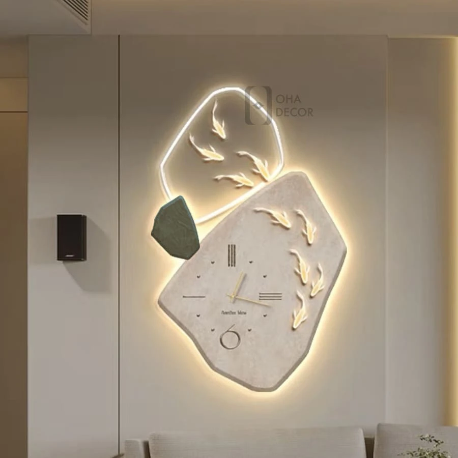 Tranh 3D LED Đồng Hồ Cửu Ngư Cá Chép Trang Trí Phòng Khách Quán Cà Phê