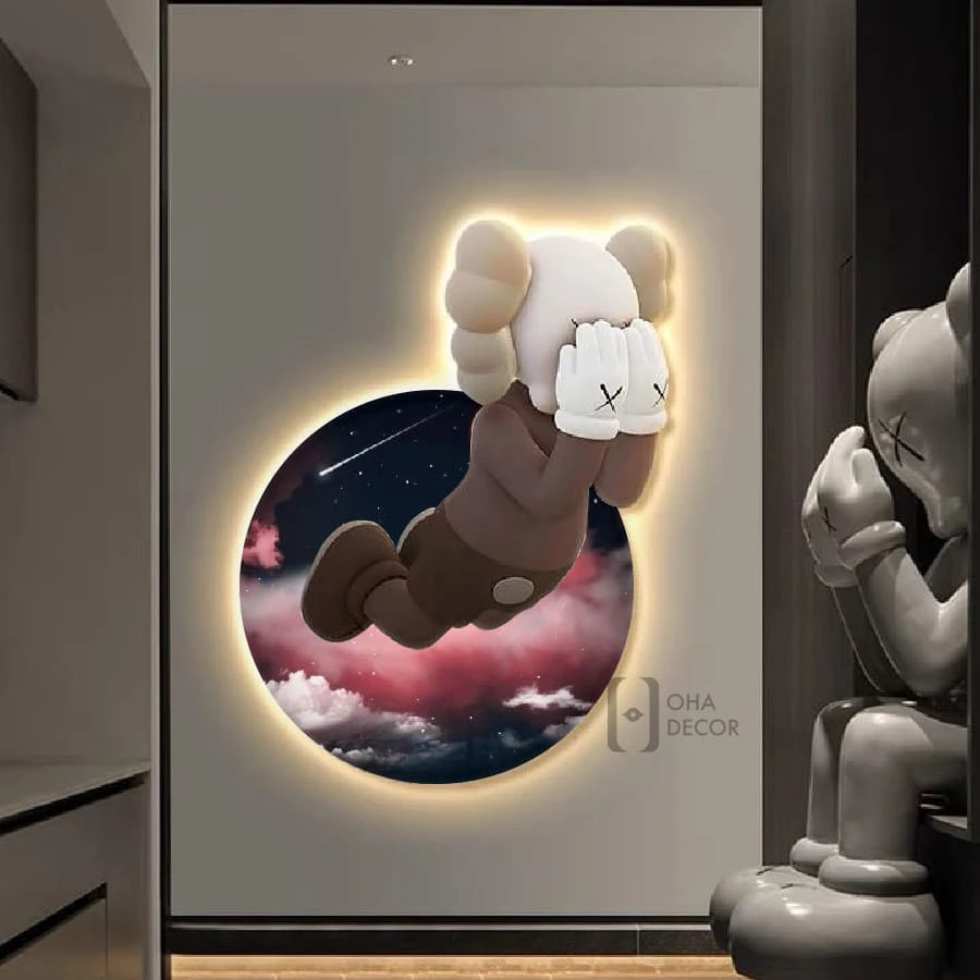 Tranh Cắt 3D LED Gấu Kaws BearBrick Trang Trí Phòng Khách Quán Tiệm Shop