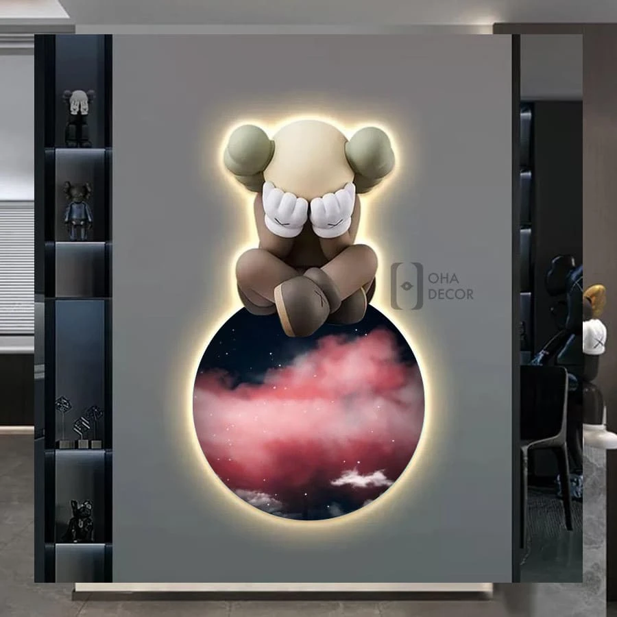 Tranh Cắt 3D LED Gấu Kaws BearBrick Trang Trí Phòng Khách Quán Tiệm Shop