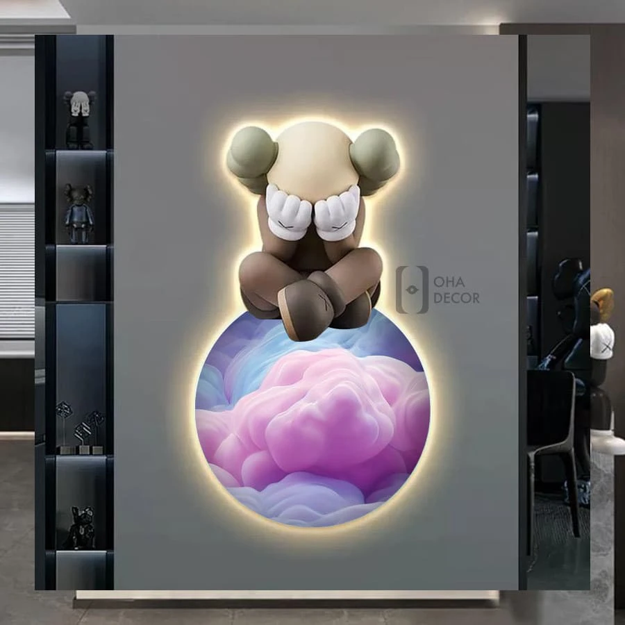 Tranh Cắt 3D LED Gấu Kaws BearBrick Trang Trí Phòng Khách Quán Tiệm Shop