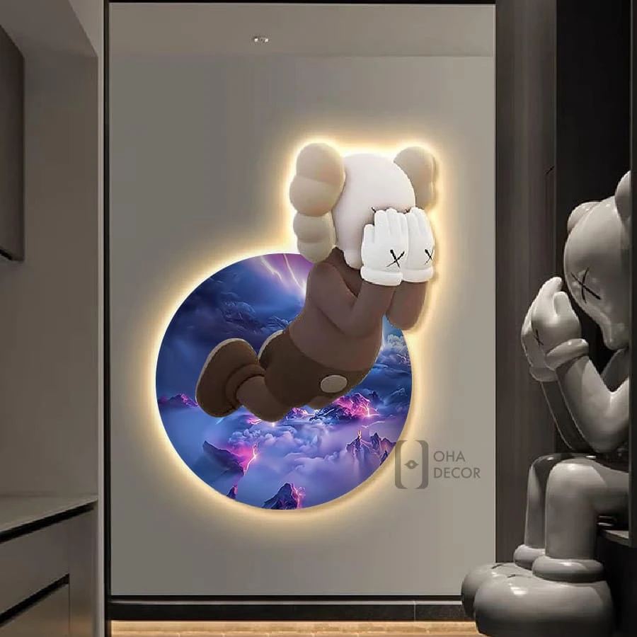 Tranh Cắt 3D LED Gấu Kaws BearBrick Trang Trí Phòng Khách Quán Tiệm Shop