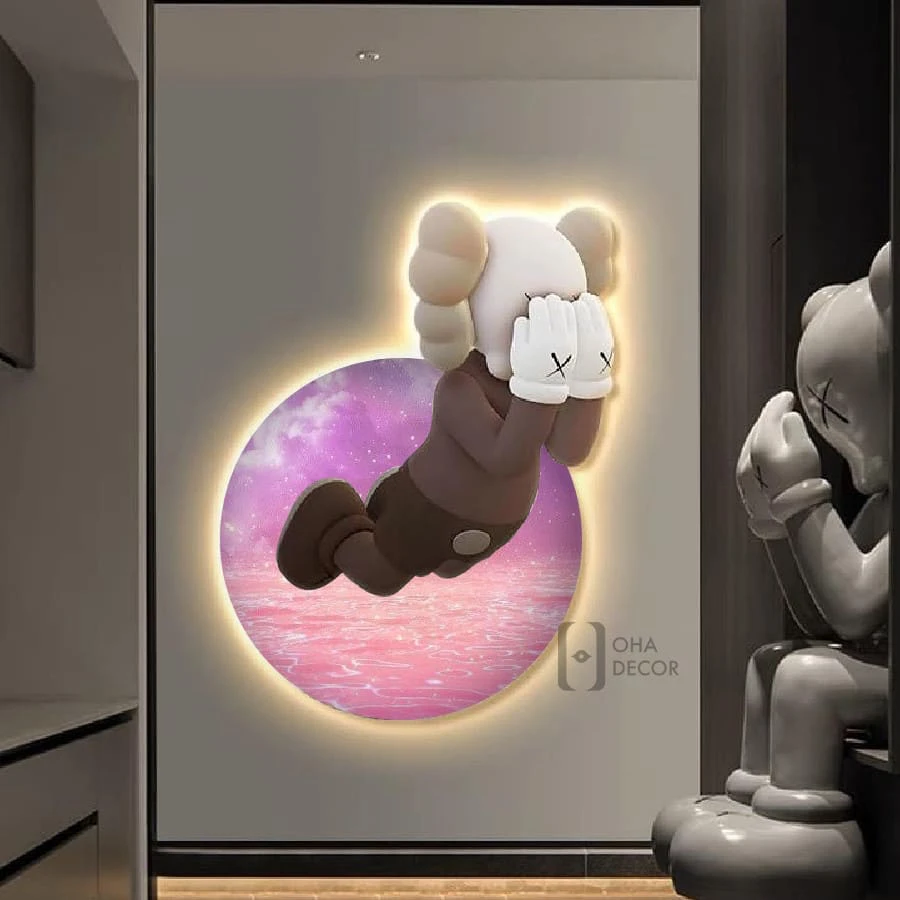 Tranh Cắt 3D LED Gấu Kaws BearBrick Trang Trí Phòng Khách Quán Tiệm Shop