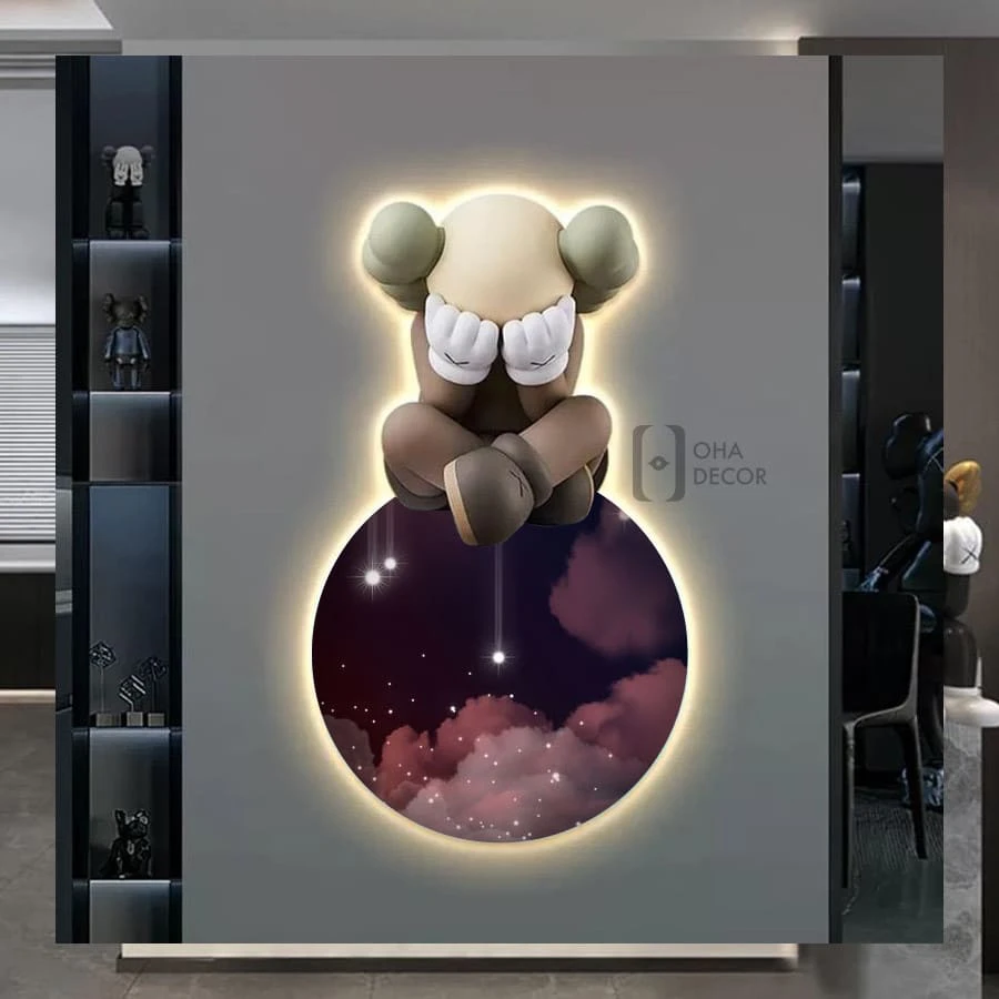 Tranh Cắt 3D LED Gấu Kaws BearBrick Trang Trí Phòng Khách Quán Tiệm Shop