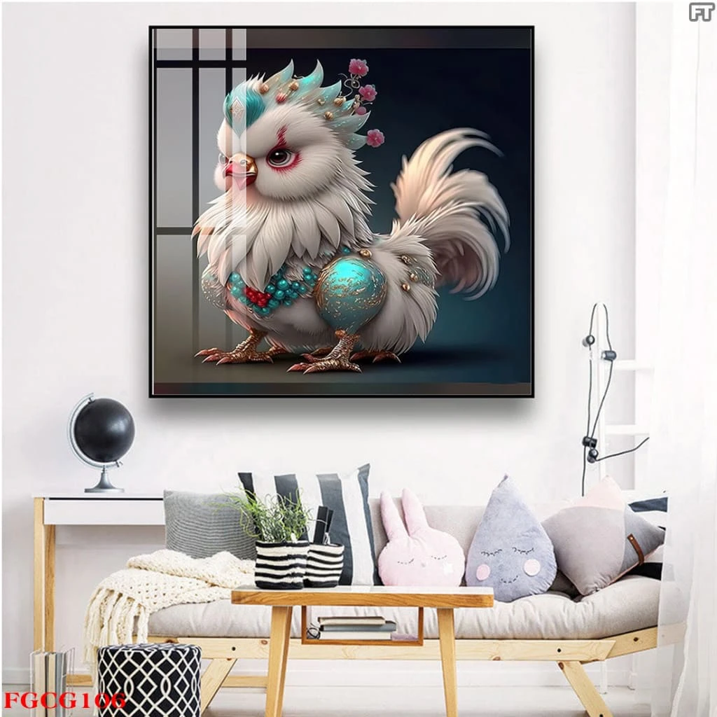 Tranh treo tường 12 con giáp phong cách hoạt hình Trung Hoa tráng gương