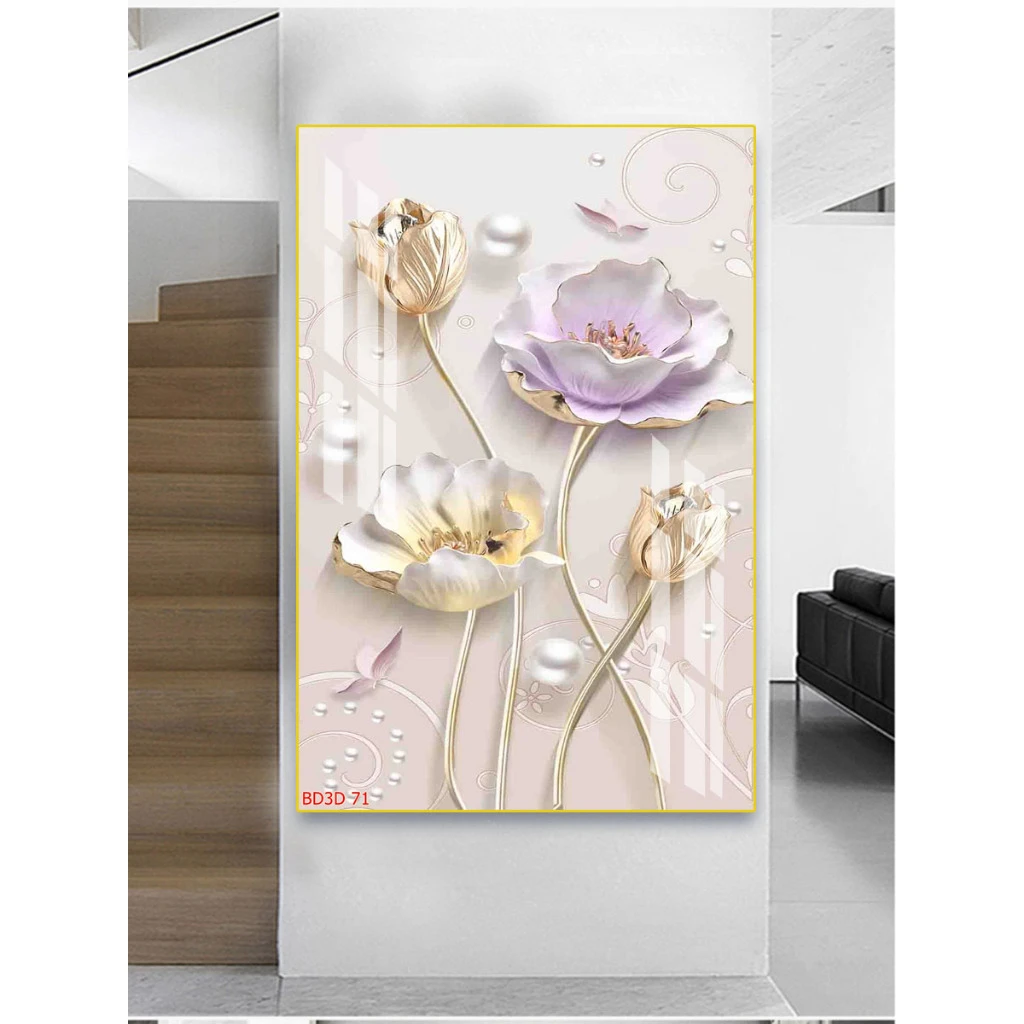 (Size Nhỏ) Tranh Treo Tường Tráng Gương Họa Tiết Hoa Sen Lớn Sang Trọng Cho Tường Phòng Khách, Spa OHA Decor 12 Tranh Treo Tường Tráng Gương Họa Tiết Hoa Sen Lớn