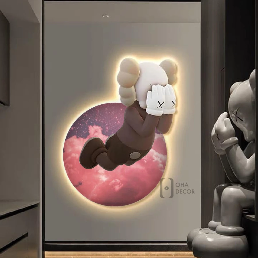 Tranh Cắt 3D LED Gấu Kaws BearBrick Trang Trí Phòng Khách Quán Tiệm Shop