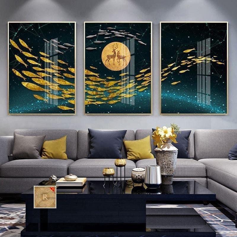 Tranh tráng gương treo phòng khách Ninh Bình bộ 3 hươu và cá