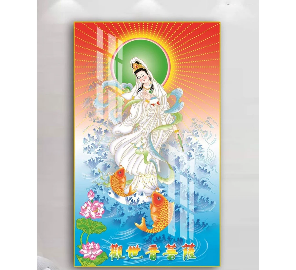 Tranh tráng gương Phật Quan Âm và cá chép 01