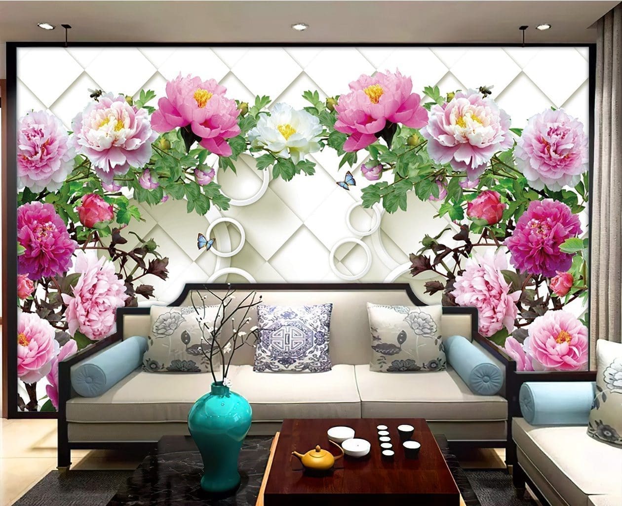 Tranh 3D Hậu Giang Hoa Mẫu Đơn Đẹp trang trí spa