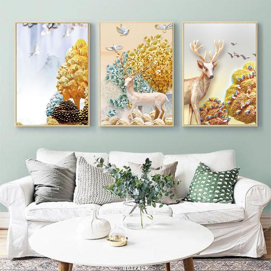 Tranh bộ 3 Đà Nẵng hươu tài lộc canvas