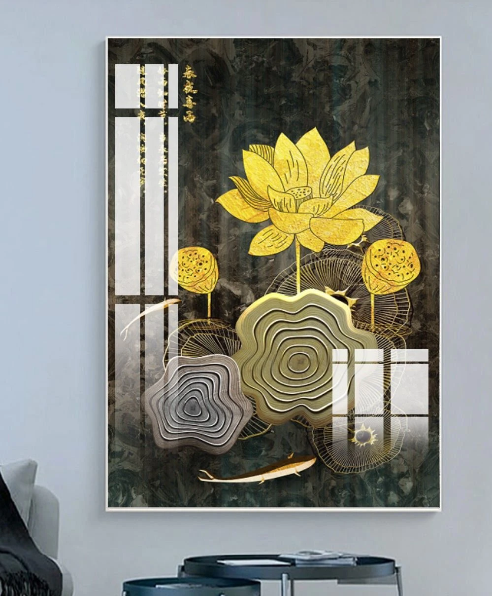 Tranh Bình Dương cửu ngư hoa sen mặt kính