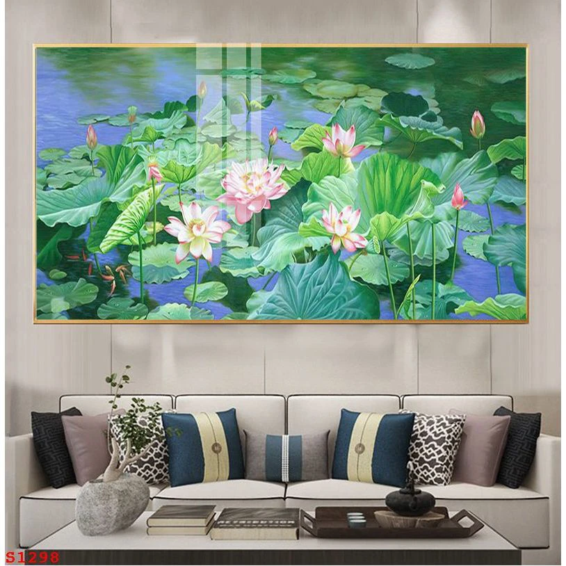 Tranh Bình Dương cửu ngư hoa sen mặt kính