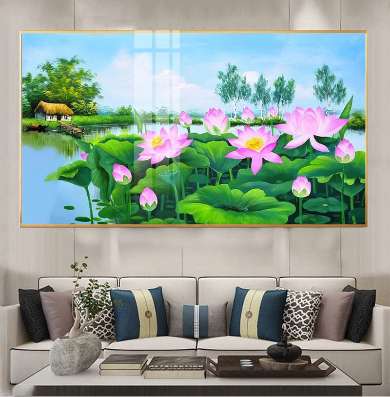 Tranh Bình Dương cửu ngư hoa sen mặt kính