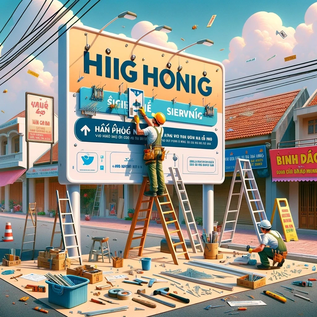 Bảng hiệu hộp đèn quán cafe Đà Nẵng đẹp nhất 2026 - Oha Decor 5 Nhân viên đang thi công bảng hiệu hộp đèn quán cafe Đà Nẵng