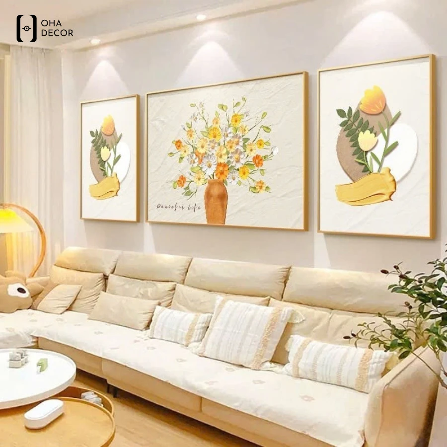 Bộ 3 tranh treo tường bình hoa nghệ thuật pastel Vĩnh Phúc hiện đại