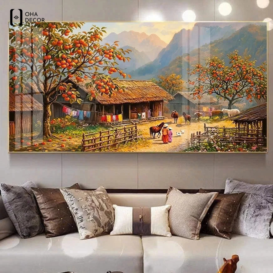 Mẫu tranh tráng gương vùng cao Tây Bắc phòng khách Long An bản làng dân tộc