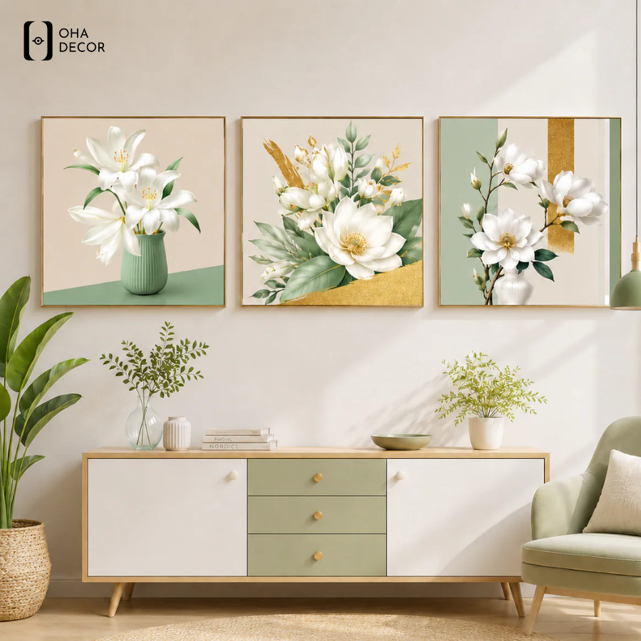 Mua tranh bình hoa bộ 3 tấm vintage cho homestay Long An tại Oha Decor