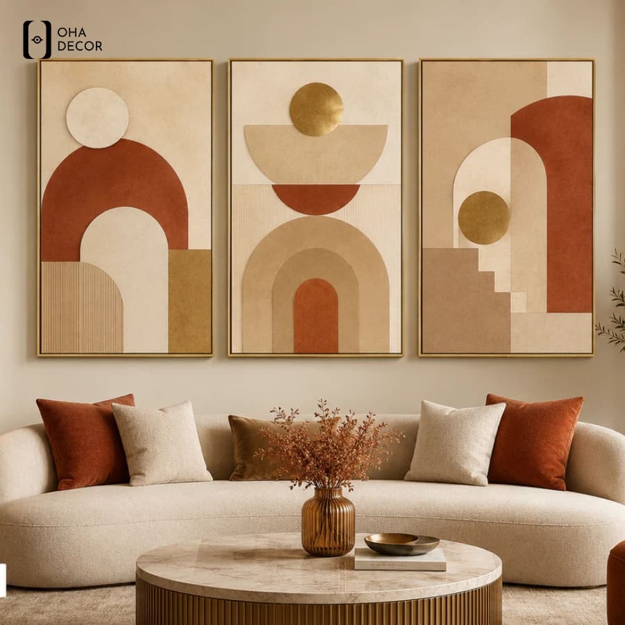 Đột Phá Kiến Trúc Với Bộ 3 Tranh Treo Tường Canvas Trừu Tượng Lào Cai 5 Nghệ thuật sắp đặt ánh sáng tôn vinh Bộ 3 Tranh Treo Tường Canvas Trừu Tượng Lào Cai tại vị trí trung tâm sofa phòng khách