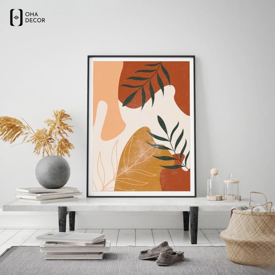 Thổi Hồn Nghệ Thuật Vào Không Gian Với Tranh đơn BOHO Tối Giản Minimalism Lá Cây Lào Cai 2026 5 Đặt Tranh đơn BOHO Tối Giản Minimalism Lá Cây Lào Cai trên kệ tủ tạo góc nhìn đầy ngẫu hứng và phóng khoáng