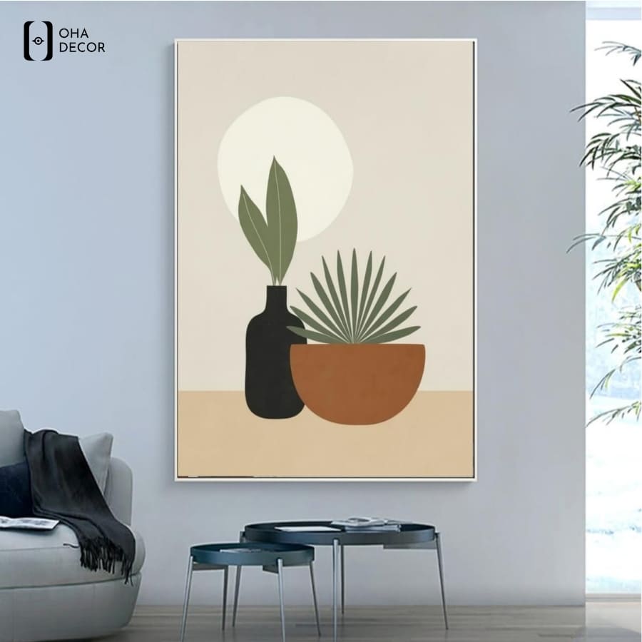 Thổi Hồn Nghệ Thuật Vào Không Gian Với Tranh đơn BOHO Tối Giản Minimalism Lá Cây Lào Cai 2026 1 Tranh đơn BOHO Tối Giản Minimalism Lá Cây Lào Cai họa tiết bình gốm và nhành lá nghệ thuật tinh tế
