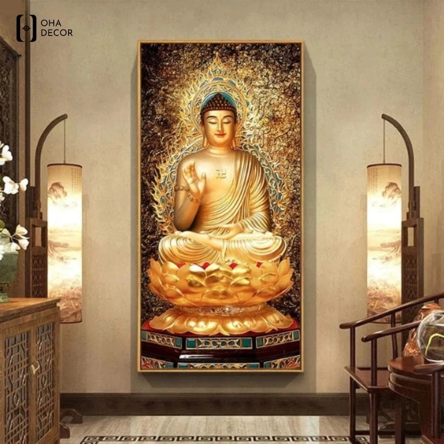 Ánh đèn dịu nhẹ làm nổi bật chiều sâu tâm linh của tranh mặt kính Phật cổ cho phòng thờ Hà Nam