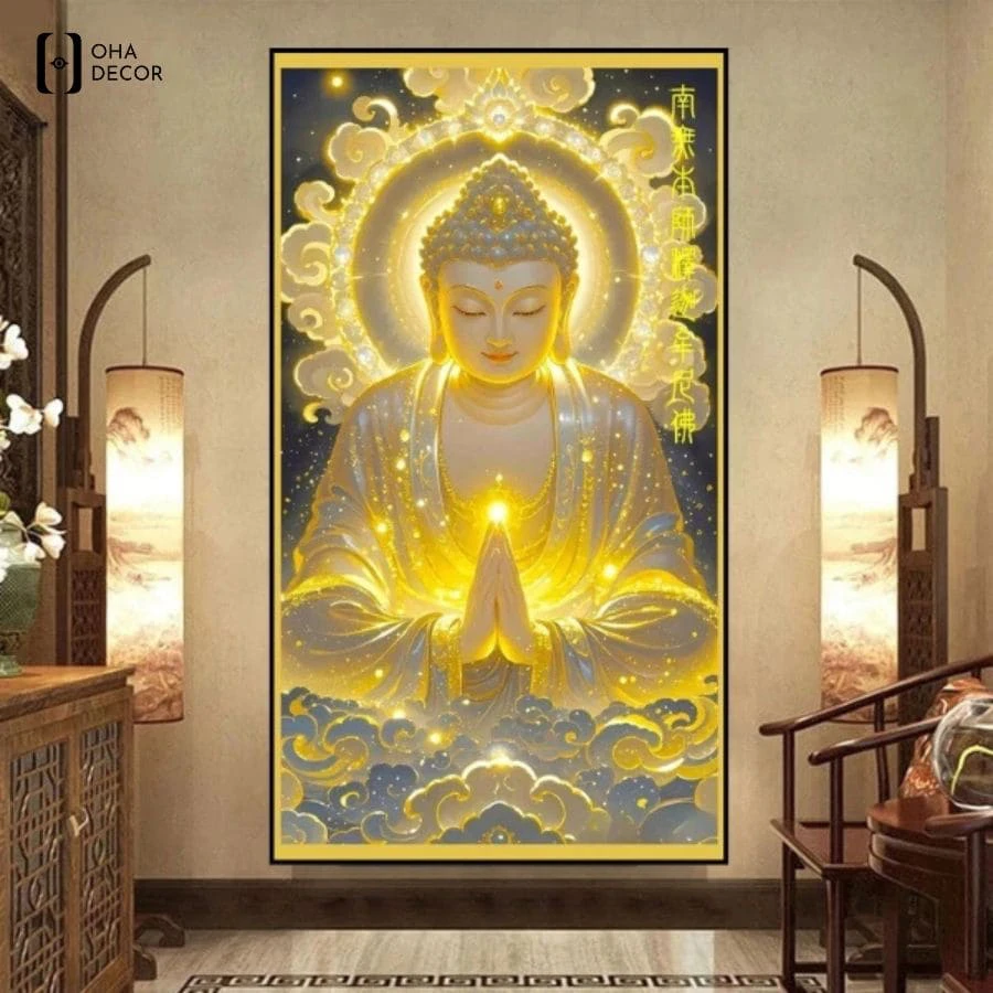 Bức tranh mặt kính Phật cổ cho phòng thờ Hà Nam chủ đề Đức Phật tọa thiền giúp giữ tâm sáng suốt