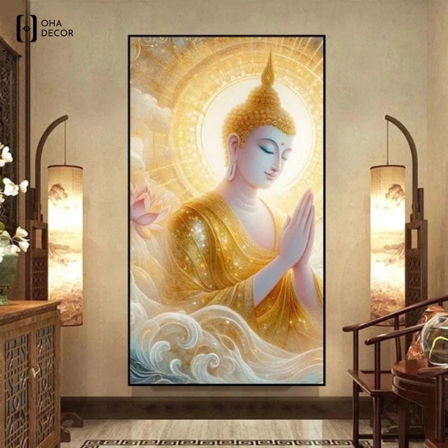 Màu sắc tranh mặt kính Phật cổ cho phòng thờ Hà Nam trầm ấm, hài hòa với nội thất đồ gỗ