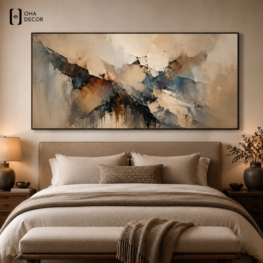 Treo bức Tranh Trừu Tượng Thích Hợp Trang Trí Phòng Ngủ Long An ở vách đầu giường giúp cân bằng dòng chảy không gian chuẩn kiến trúc