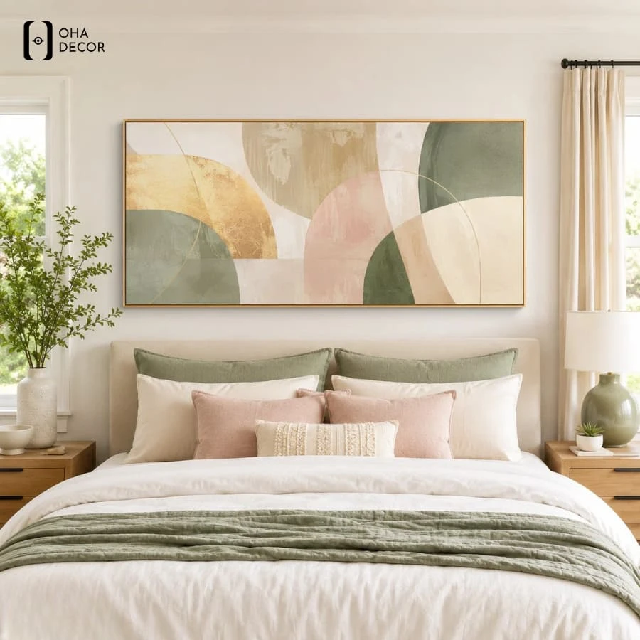 6 Bí Quyết Chọn Tranh Trừu Tượng Thích Hợp Trang Trí Phòng Ngủ Long An Vỗ Về Giấc Ngủ 5 Sự kết hợp giữa chất liệu gỗ tự nhiên và bức Tranh Trừu Tượng Thích Hợp Trang Trí Phòng Ngủ Long An mang lại bầu không khí vô cùng dễ chịu