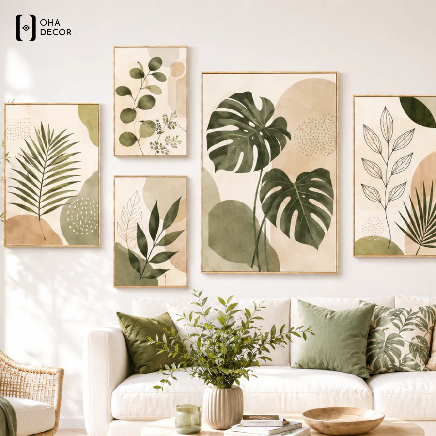 Phối tranh lá cây decor spa Thuận An đẹp và hài hòa