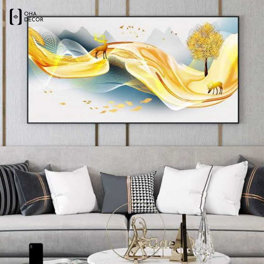 Tranh canvas khổ ngang phòng khách Đà Lạt tạo điểm nhấn hài hòa cho không gian 2 Treo tranh canvas khổ ngang phòng khách Đà Lạt phía sau sofa