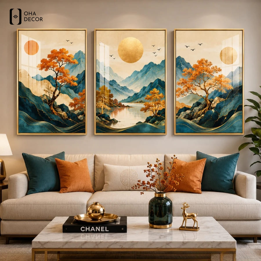 Tranh bộ 3 tấm phòng khách vĩnh long chủ đề sơn thủy mang lại sự bình yên cho tâm hồn