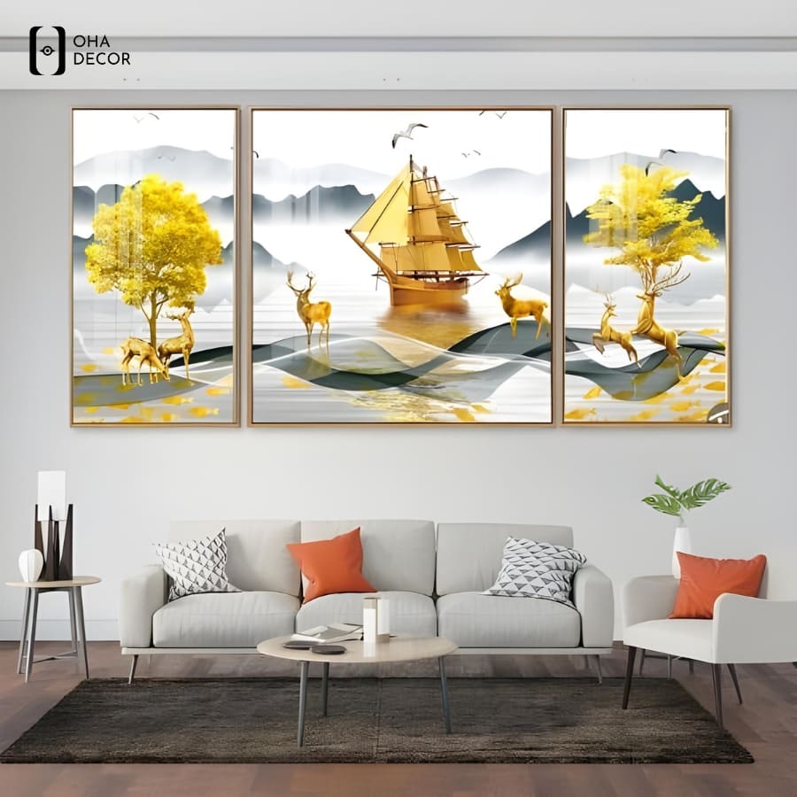 Tranh bộ 3 tấm phòng khách vĩnh long cao cấp từ oha decor chống ẩm mốc và kháng nước