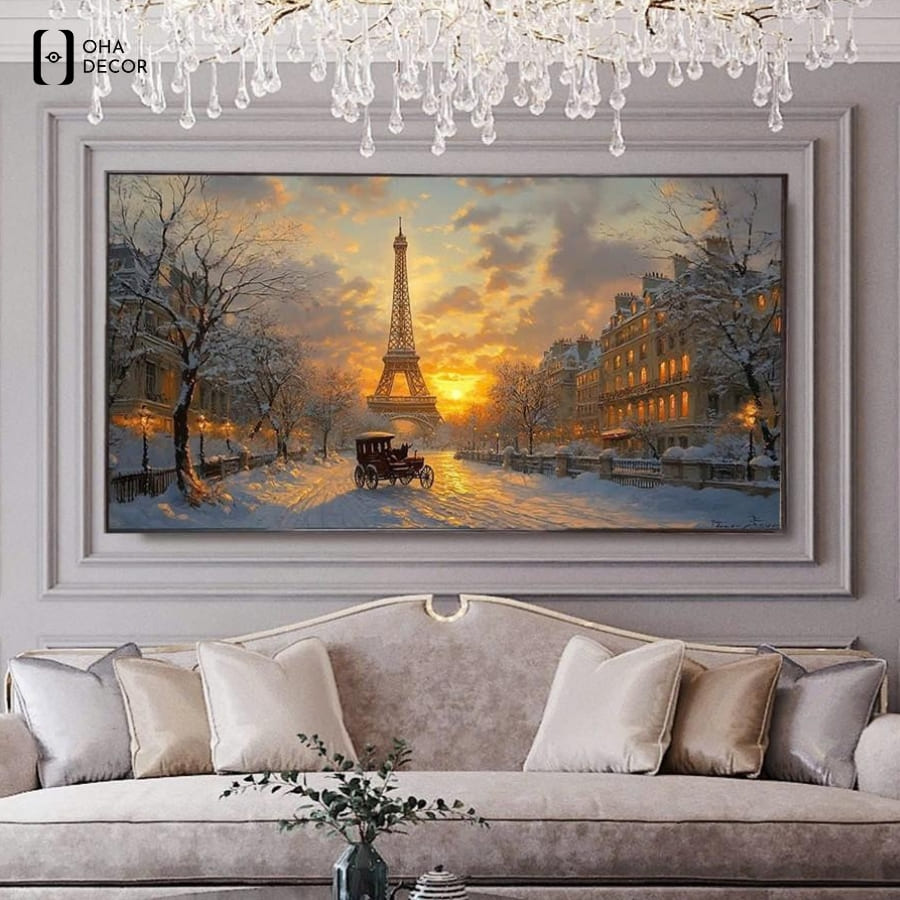 Tranh canvas tháp eiffel decor phòng ngủ đà lạt phong cách sơn dầu nghệ thuật và ấm áp