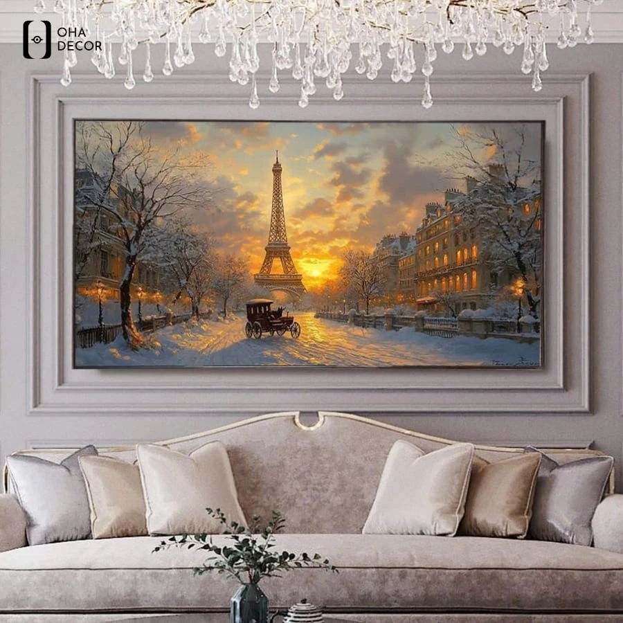 Tranh canvas tháp eiffel decor phòng ngủ đà lạt phong cách sơn dầu nghệ thuật và ấm áp
