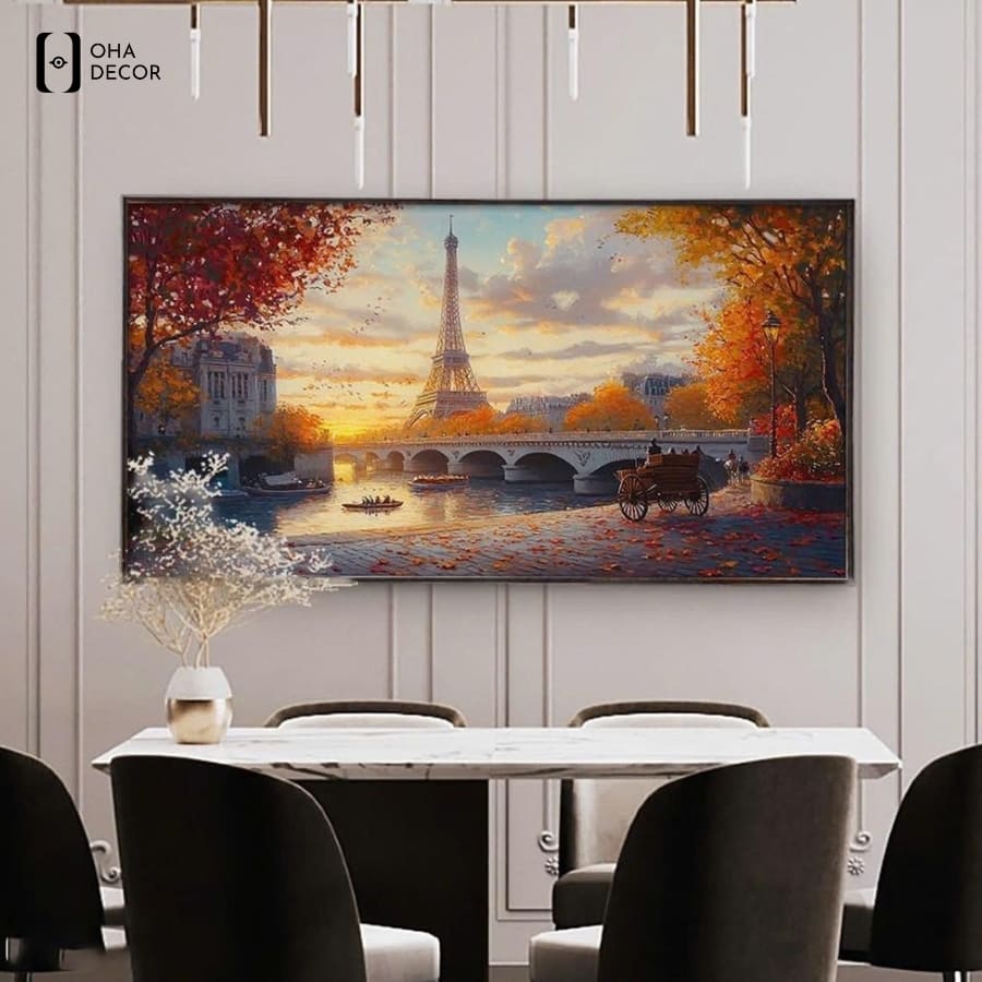 Tranh canvas tháp eiffel decor phòng ngủ đà lạt phối hợp hài hòa cùng không gian nội thất sang trọng