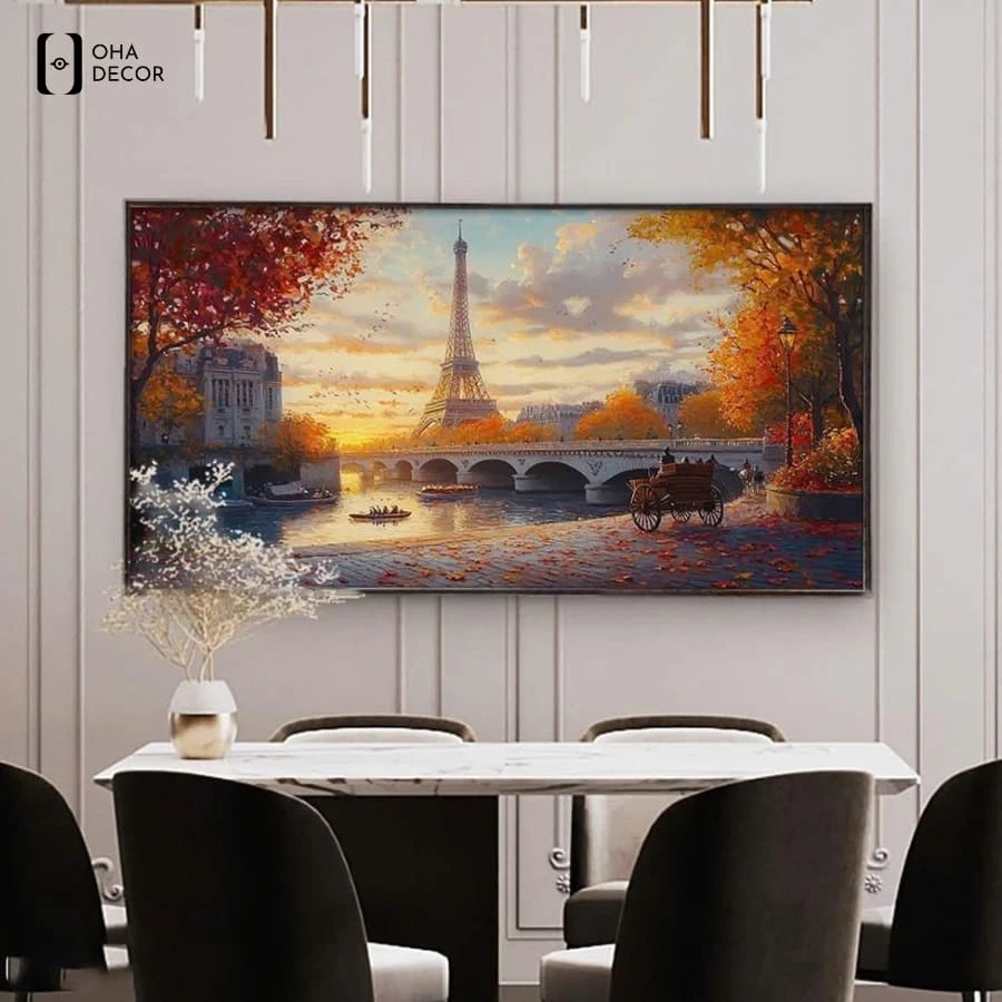 Tranh canvas tháp eiffel decor phòng ngủ đà lạt phối hợp hài hòa cùng không gian nội thất sang trọng