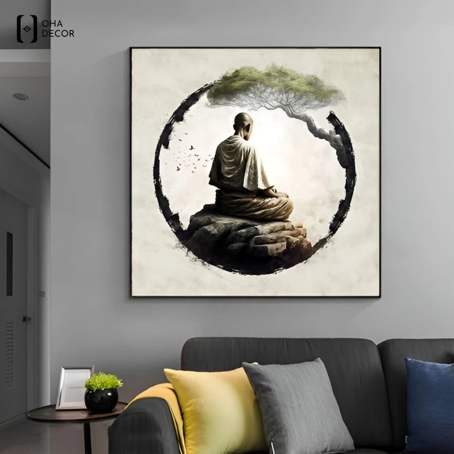 Tranh cho phòng thiền thuận an họa tiết vòng tròn enso mang lại cảm giác tĩnh thuần và tự tại