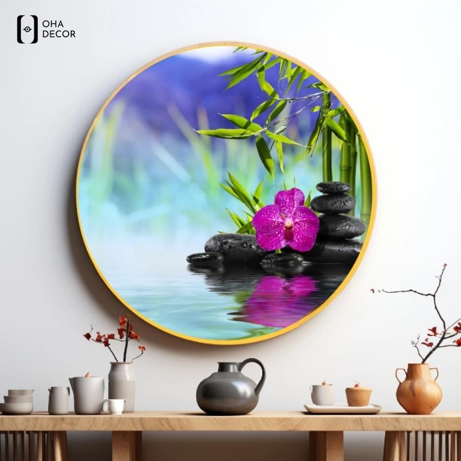 Tranh decor spa thuận an hình đá cuội và tre xanh mang lại sự tĩnh lặng cho tâm trí
