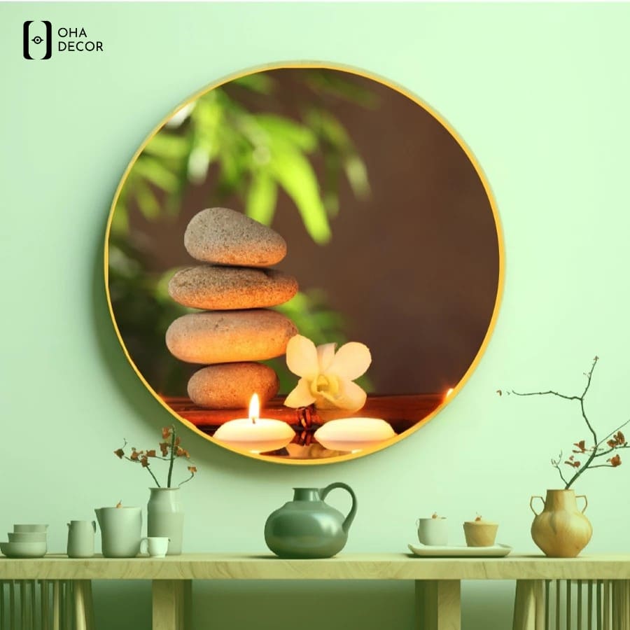 Không gian thêm phần thanh tịnh và mộc mạc với mẫu tranh decor spa thuận an hình sỏi nến